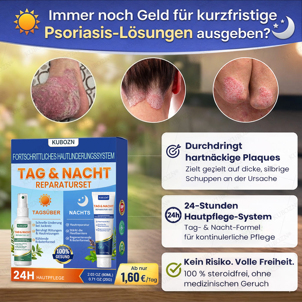 KUBOZN® Psoriasis Tag & Nacht System – 100% steroidfrei gegen Schuppen & Plaque